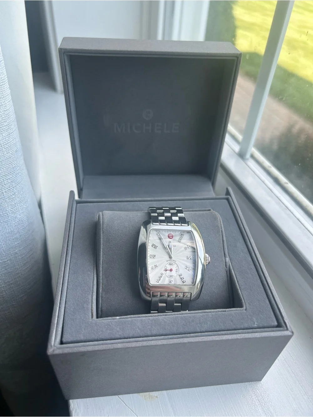 Michele Diamond Women’s Oversized Silver Stainless Steel Bracelet Watch